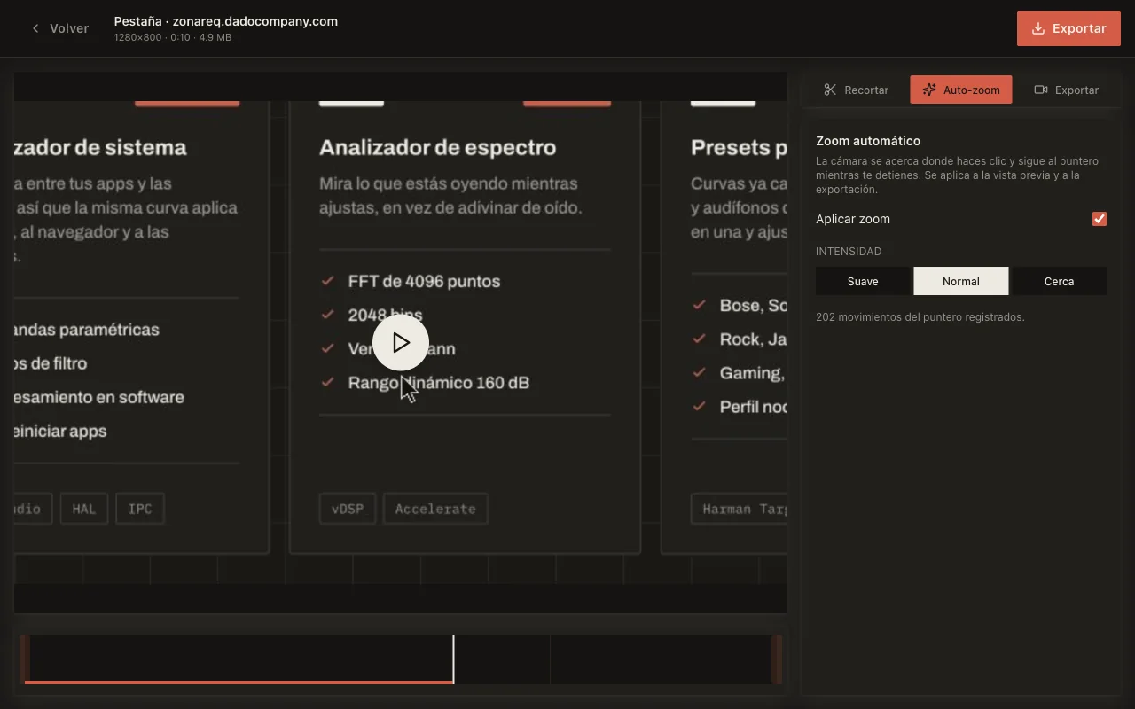 ZonaReq Recorder editor showing the auto zoom preview over a web page